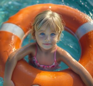 medium little girl sitting in a lifebuoy in a pool top view tropical background