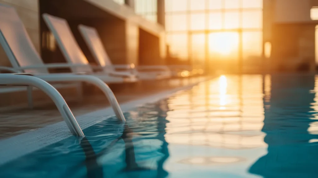 Beginner Guide to Start The First Swimming Lesson for Kids 8 medium serene sunset by the poolside with lounge chairs near glass walls in a modern indoor swimming area