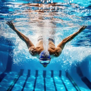 medium swimmer dives into the pool with powerful stroke and determination during a bright sunny day